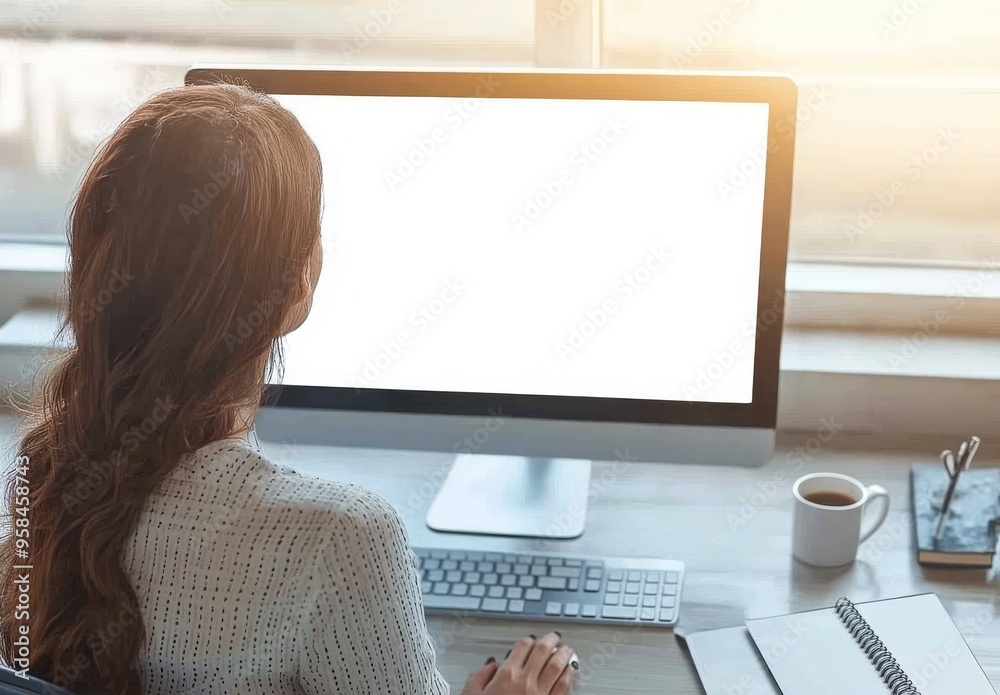 A cropped top view of a woman's hands typing on a PC, with a blank copyspace for your text message. Businesspeople's workspace with accessories and distance working tools. Film effect. A cropped top view of a woman's hands typing on a PC, with a blank copyspace for your text message. Businesspeople's workspace with accessories and distance working tools. Film effect.