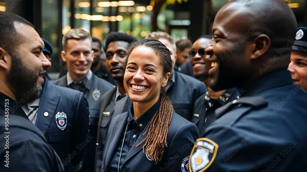Smiling Police Officers Engage in Friendly Conversation Outdoors Generative AI