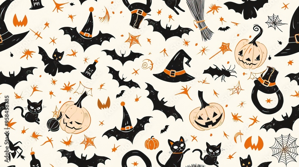 A Halloween-themed pattern with bats, cats, and spooky objects. AI generated image doodle background A Halloween-themed pattern with bats, cats, and spooky objects. AI generated image doodle background