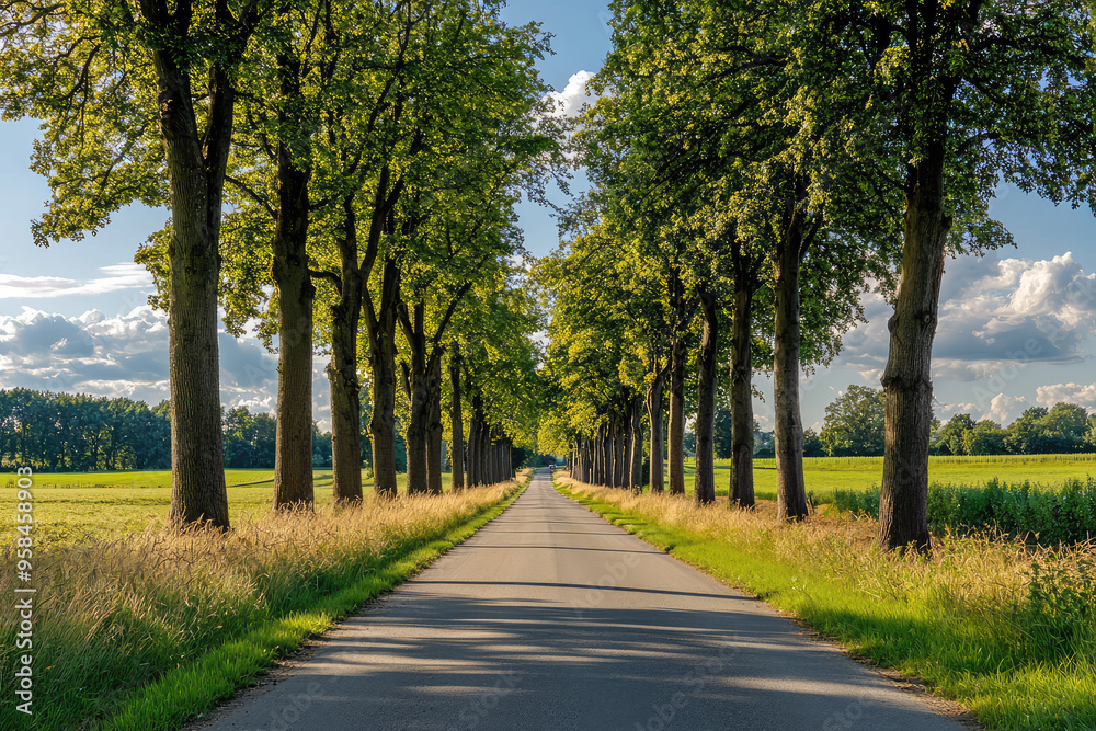 A Tranquil Country Road: Sun-Drenched Trees Line a Path Through Verdant Fields on a Warm Summer Day A Tranquil Country Road: Sun-Drenched Trees Line a Path Through Verdant Fields on a Warm Summer Day