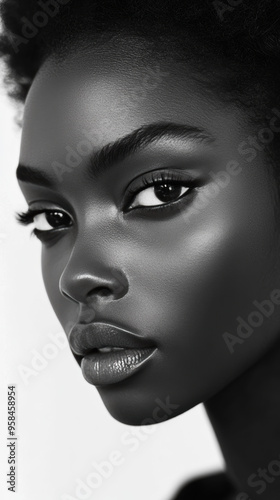 Femme noire avec un maquillage impeccable et un regard intense en noir et blanc. photo