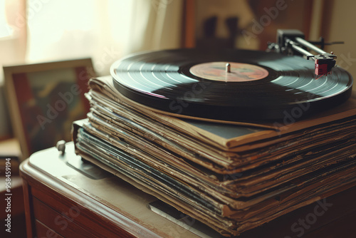 A vintage turntable rests atop a stack of classic vinyl records, a testament to the timeless allure of analog music. photo