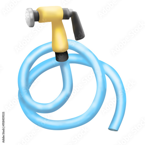 Blue water hose with yellow and black nozzle. This hose is rolled in a circle shape