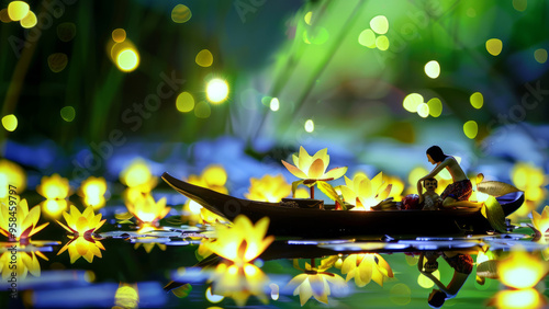 Floating lotus flower lanterns glowing on the water during a magical night festival