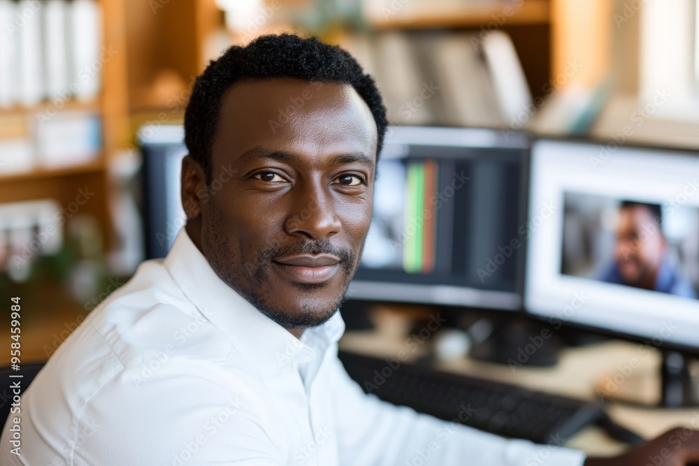 A film-maker from the African Diaspora uses video editing software to create post-production video. Color grading and visual or audio effects are used to edit montage projects at home. A film-maker from the African Diaspora uses video editing software to create post-production video. Color grading and visual or audio effects are used to edit montage projects at home.