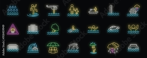Diverse set of colorful neon icons illustrating the dangers of flooding and the importance of safety measures