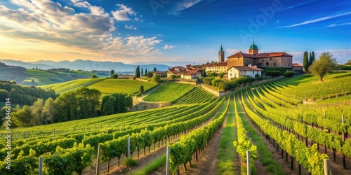 Scenic European vineyard landscape with traditional structures and lush grapevines under a blue sky, Vineyard