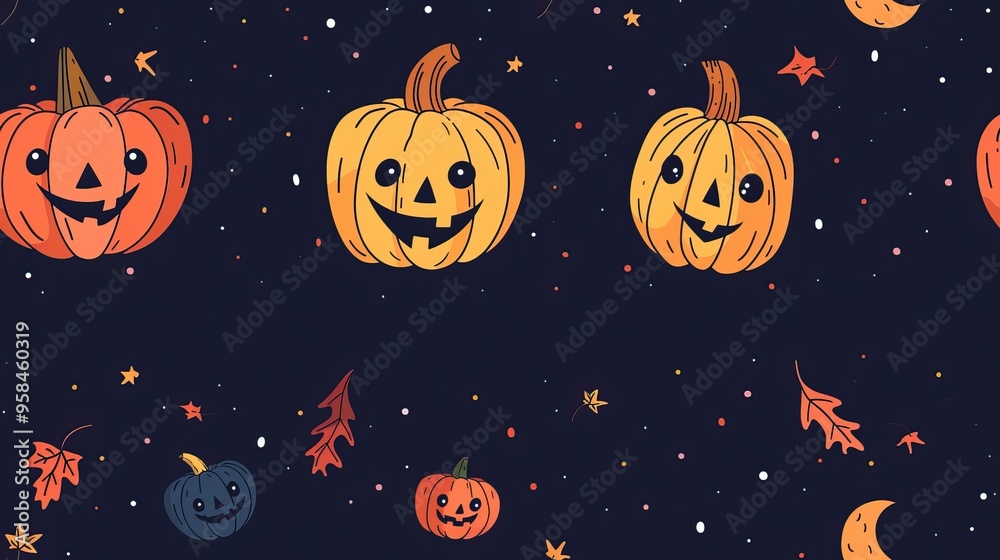 Illustrations of Halloween pumpkins in various artistic styles. AI generated image. Doodle Pattern Background Illustrations of Halloween pumpkins in various artistic styles. AI generated image. Doodle Pattern Background