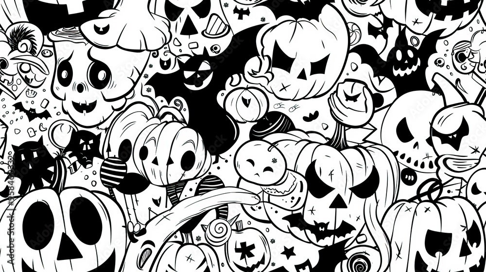 Fototapeta premium Halloween-themed illustration featuring pumpkins, ghosts, and skulls - AI generated image. Doodle Background