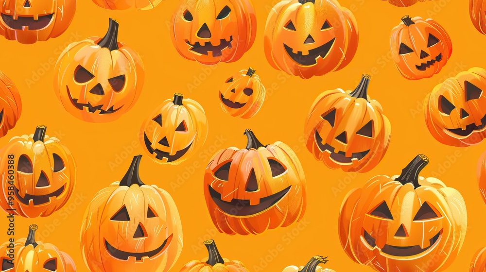Illustrations of Halloween pumpkins in various artistic styles. AI generated image. Doodle Pattern Background