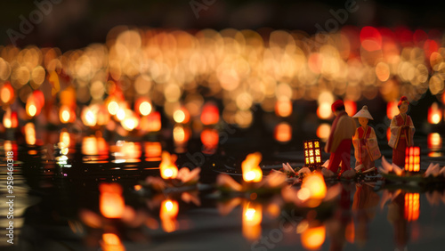 Floating lotus flower lanterns glowing on the water during a magical night festival