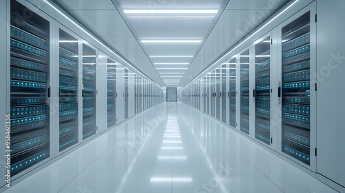 Data center server room, rows of server racks, soft blue LED lights, long corridor perspective, high-tech infrastructure, network storage, cloud computing concept.