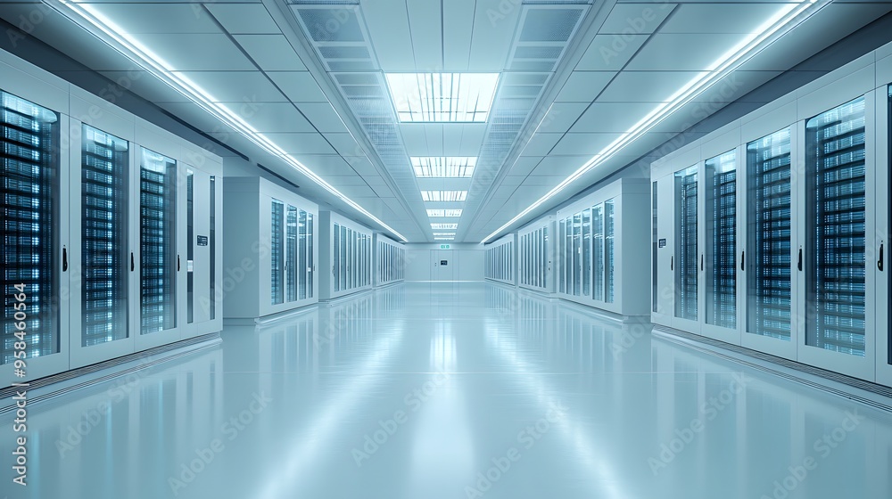 Fototapeta premium Data center server room, rows of server racks, soft blue LED lights, long corridor perspective, high-tech infrastructure, network storage, cloud computing concept.