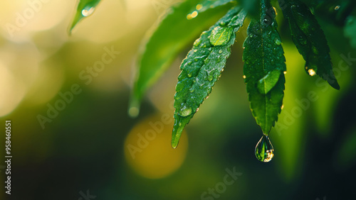 Fresh green leaf with a sparkling water droplet in a natural garden setting