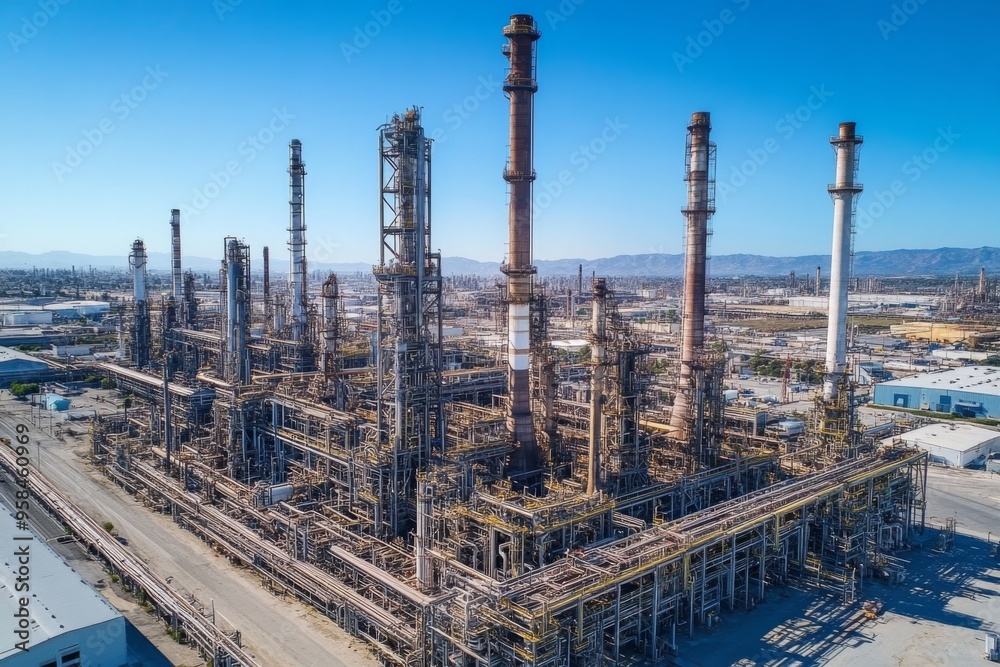 Aerial view of oil refinery and industrial infrastructure showcasing its vast industrial structures Aerial view of oil refinery and industrial infrastructure showcasing its vast industrial structures