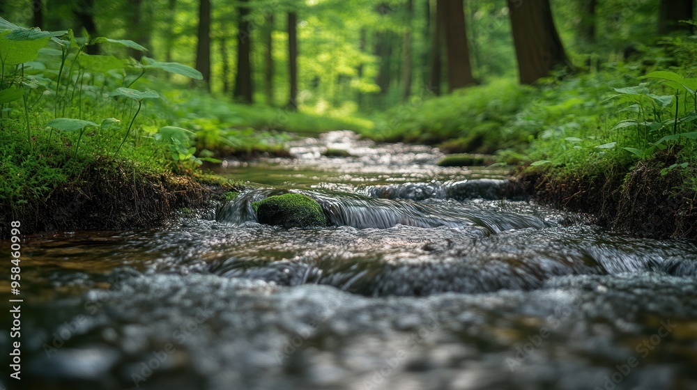 Tranquil Stream Flowing Through Lush Forest Tranquil Stream Flowing Through Lush Forest