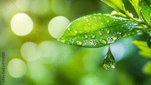 Fresh green leaf with a sparkling water droplet in a natural garden setting