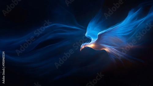 A majestic blue phoenix soaring through a dark, ethereal sky.