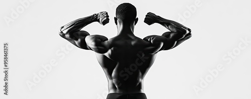 Muscular man flexing his biceps, showcasing strength and fitness in a dramatic black and white image against a minimalist background. photo