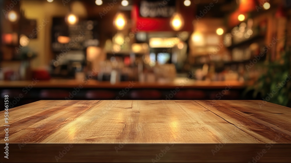 A warm and inviting wooden table set in a cozy cafe, perfect for showcasing delicious food and drinks.