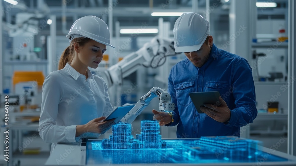 In a factory office facility, a chief engineer shows augmented reality that depicts a wind generator to a female project manager. This is a high tech industry 4.0 research and development facility. In a factory office facility, a chief engineer shows augmented reality that depicts a wind generator to a female project manager. This is a high tech industry 4.0 research and development facility.