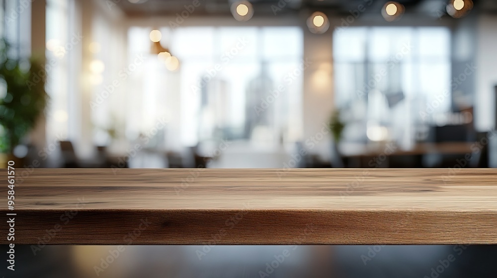 A modern workspace with a wooden table in focus, creating a warm and inviting atmosphere for productivity.