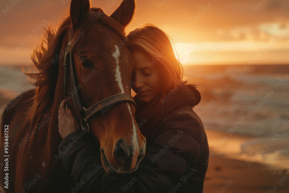 Obraz premium Woman embraces horse on beach during vibrant sunset, symbolizing serenity and bond between humans and animals, capturing moment of peaceful companionship