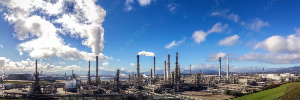 Aerial view of oil refinery and industrial infrastructure showcasing its vast industrial structures