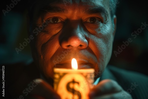 Businessman stares intently at candle with dollar sign, surrounded by dim lighting, symbolizing focus on wealth and finance photo