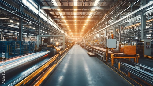 A wide shot of a factory interior with multiple production lines and natural light flooding the space,