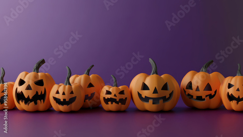Carved jack-o'-lanterns with spooky faces against a bold purple background