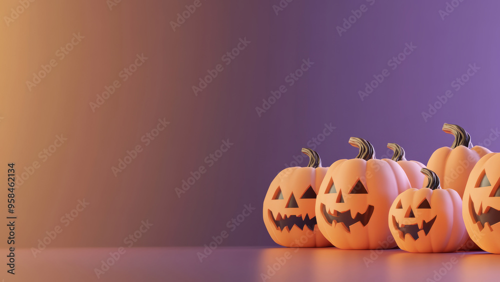 Carved jack-o'-lanterns with spooky faces against a bold purple background Carved jack-o'-lanterns with spooky faces against a bold purple background