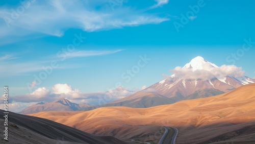 Snow-capped mountain peak with a winding road leading through the foothills.