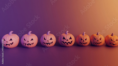 Carved jack-o'-lanterns with spooky faces against a bold purple background