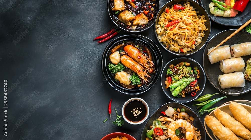 Assortment of Chinese Dishes with Soy Sauce and Chili Peppers Assortment of Chinese Dishes with Soy Sauce and Chili Peppers