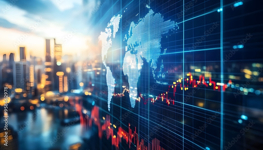 World Map on a Digital Screen with City Lights in Background World Map on a Digital Screen with City Lights in Background