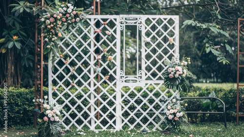 Elegant wedding arch adorned with beautiful pink and white floral arrangements