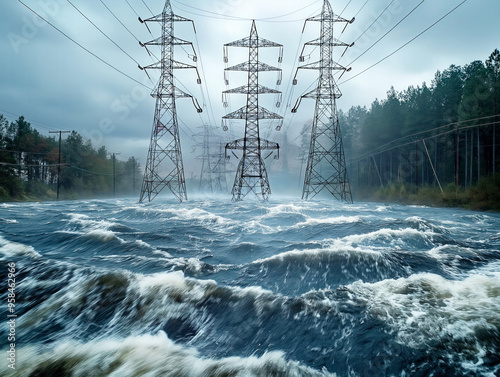 A drawing of three power lines in the water. Scene is dark and ominous photo