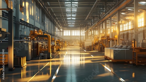 A wide shot of a factory interior with multiple production lines and natural light flooding the space,