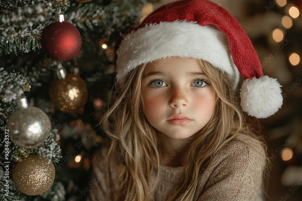 Young Girl Wearing Santa Hat Next to a Christmas Tree Young Girl Wearing Santa Hat Next to a Christmas Tree