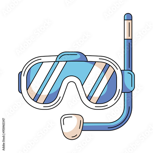 Snorkeling or diving mask, colorful icon. Scuba diving equipment, underwater concept. Flat outline icon, color illustration. For logo, sticker, coloring book, label