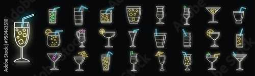 Set of neon cocktail icons showing cocktails with straws and slices of fruit