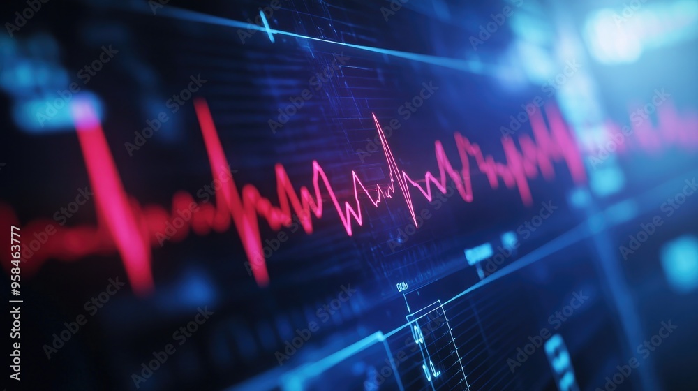 A close-up of a heartbeat graph on a hospital monitor screen A close-up of a heartbeat graph on a hospital monitor screen
