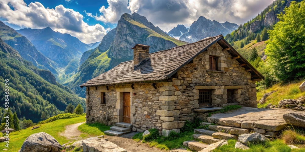 Rustic stone house nestled in the deep mountains, mountain, forest, secluded, remote, traditional, architecture, rural Rustic stone house nestled in the deep mountains, mountain, forest, secluded, remote, traditional, architecture, rural