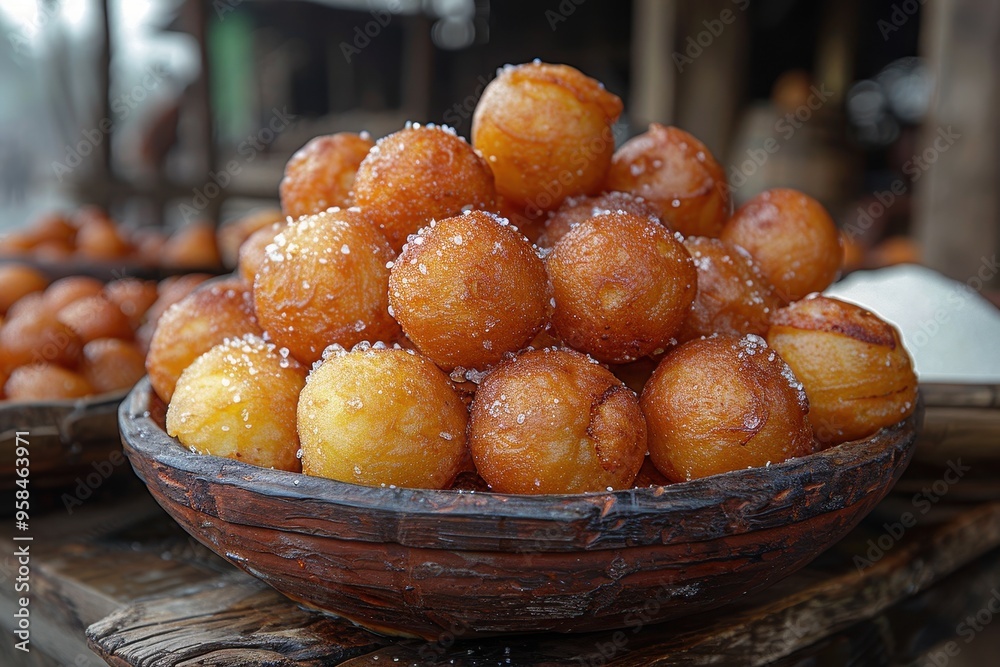 Nigeria: Puff-Puff Deep-fried dough balls, golden brown, and lightly dusted with sugar. Nigeria: Puff-Puff Deep-fried dough balls, golden brown, and lightly dusted with sugar.