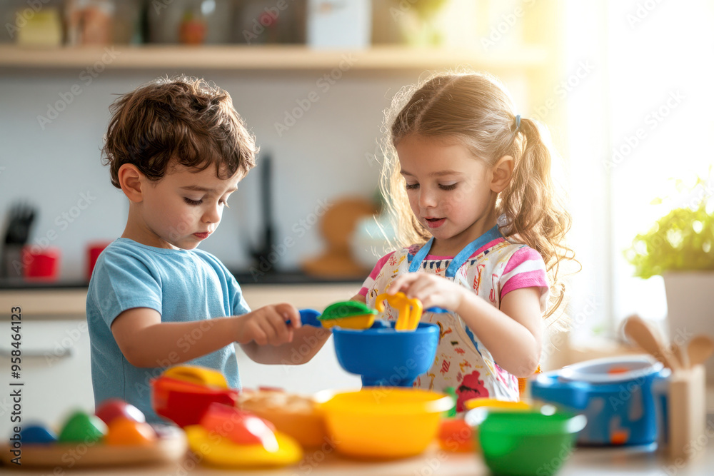 Fototapeta premium Two young children playing together with toy kitchen utensils, enjoying creative pretend play in a bright home environment