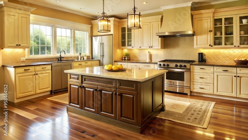 kitchen interior with island sink cabinets