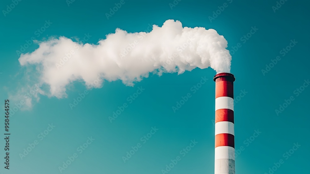 One industrial smokestack emitting white smoke against clear blue sky, single tall chimney, billowing plume, environmental pollution concept.