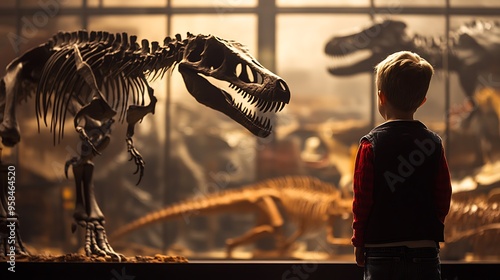 A young boy stands in awe of a Tyrannosaurus Rex skeleton, the dinosaur's imposing form filling the background. photo