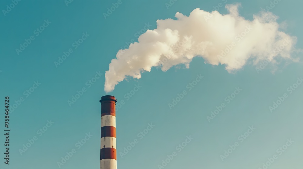 One industrial smokestack emitting white smoke against clear blue sky, single tall chimney, billowing plume, environmental pollution concept. One industrial smokestack emitting white smoke against clear blue sky, single tall chimney, billowing plume, environmental pollution concept.